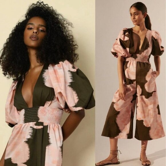 Anthropologie Hutch Isa Printed Smocked 3X Puff Sleeve Jumpsuit - Picture 1 of 5